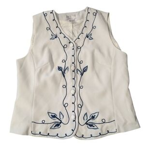 Vintage Women's Petite‎ Sophisticate Floral Embroidered White Blue Jacket Vest